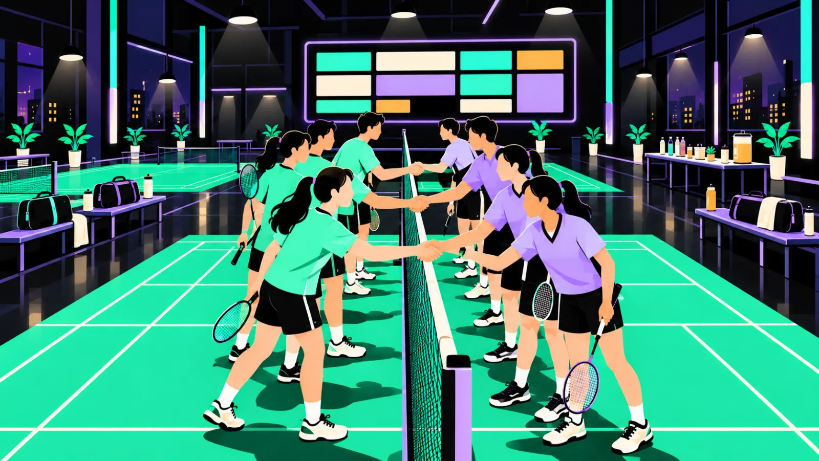 Illustration : deux clubs de badminton se serrent la main au filet pour une rencontre amicale