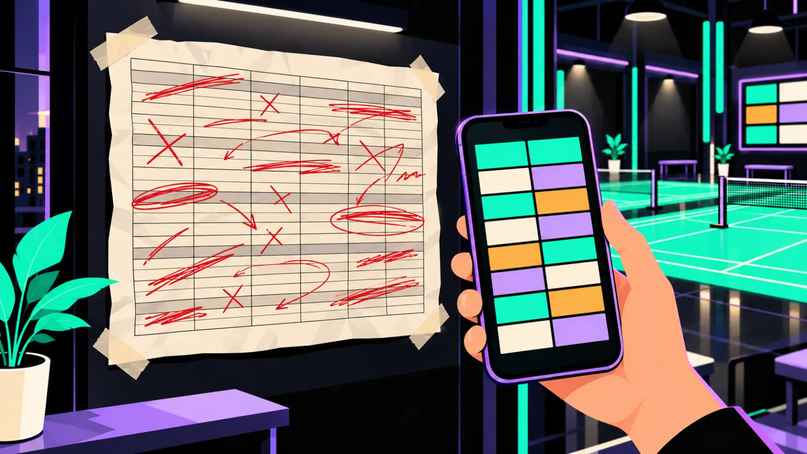 Illustration : une feuille Excel raturée au mur et la grille propre sur un téléphone