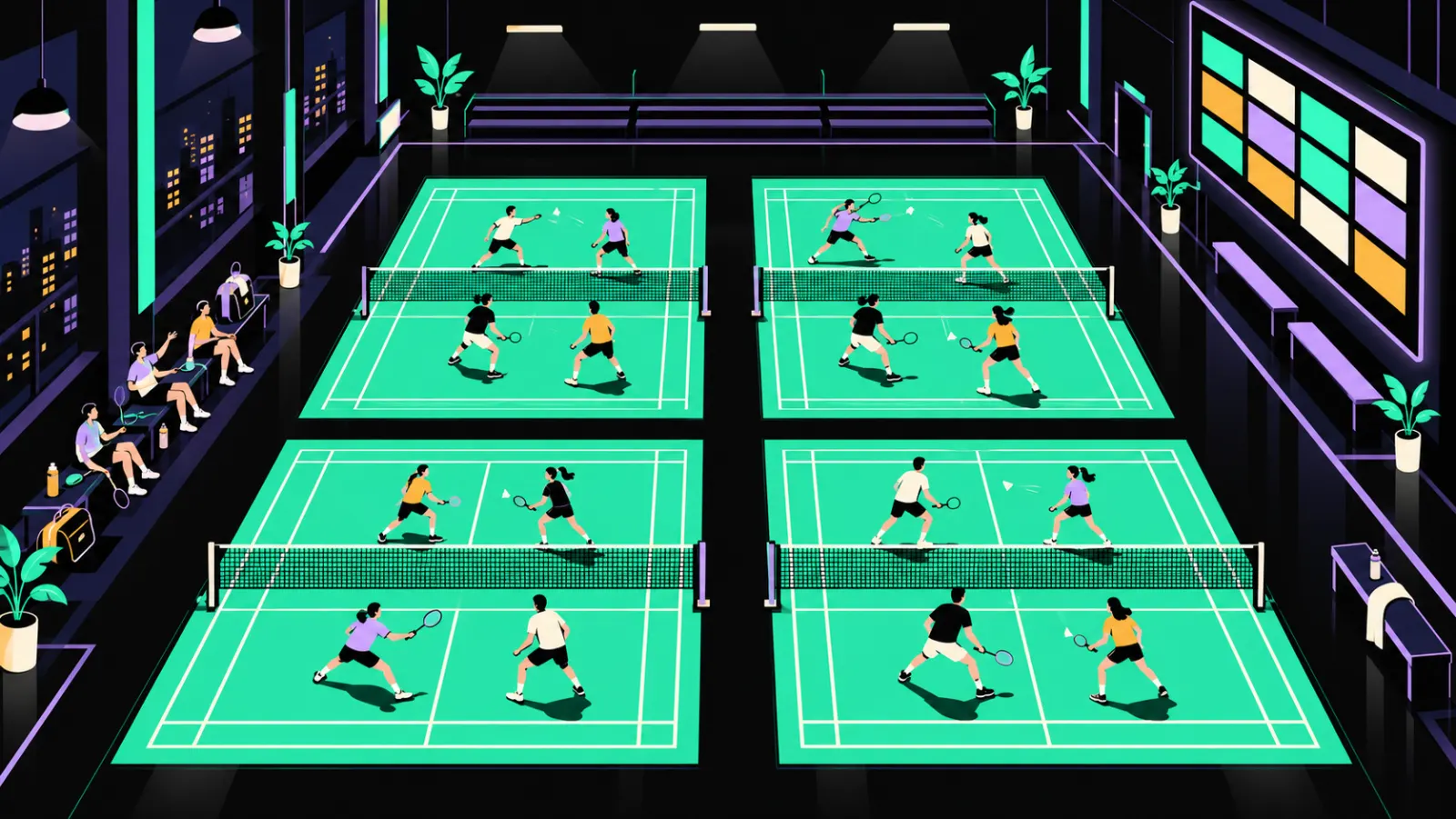 Illustration : une soirée de club de badminton, quatre terrains et l'écran des matchs au mur