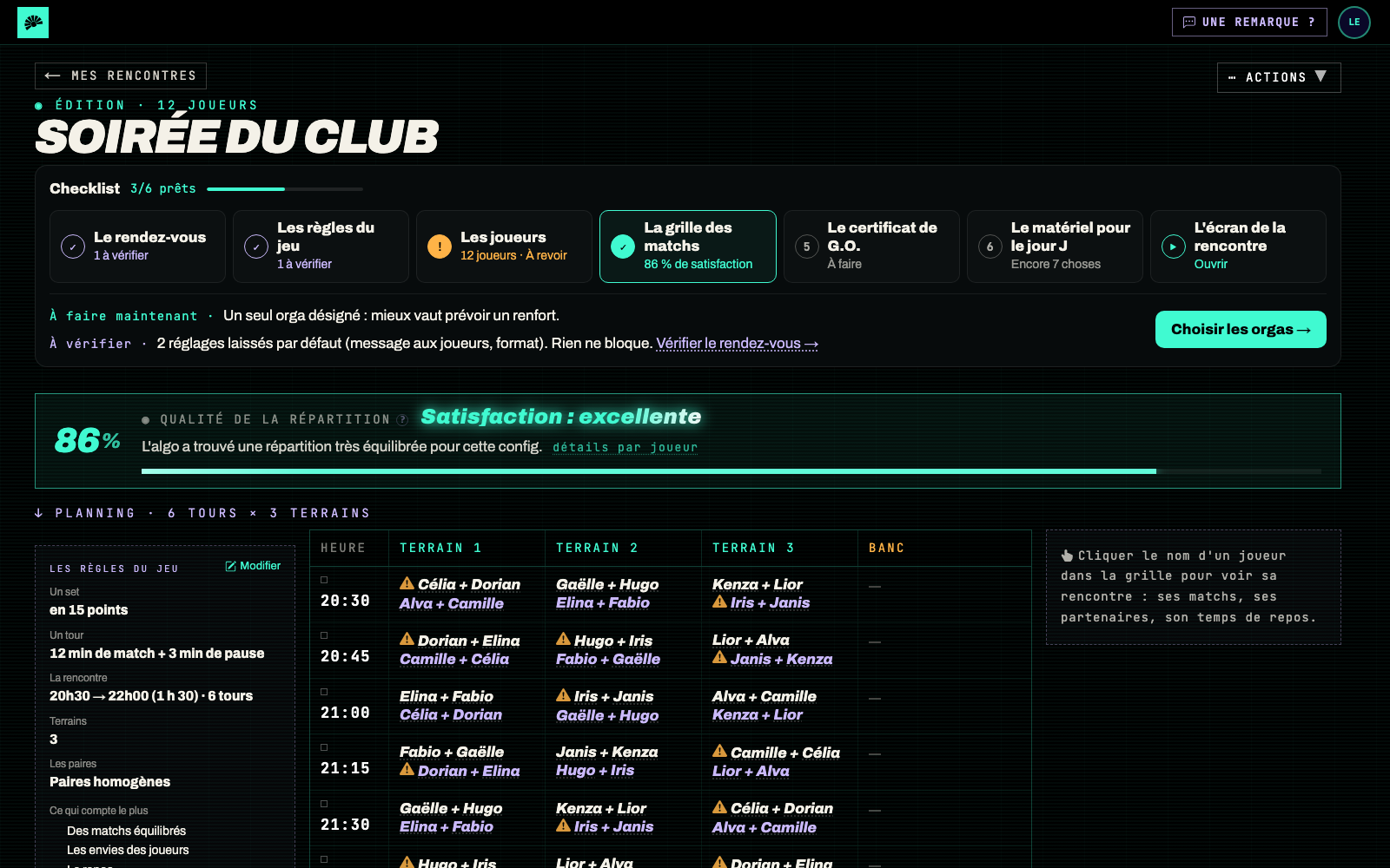 La grille des matchs et son score de satisfaction